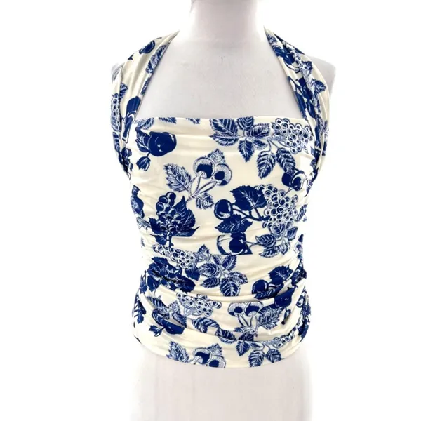Free People‎ Tommie Knit Top blue white floral sz S - Image 5