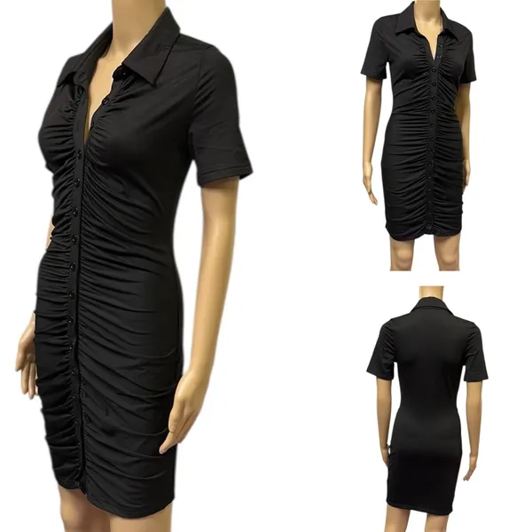 Source Unknown Black Ruched Bodycon Full Button Front Short Sleeve Mini Dress Womens Small - Image 4