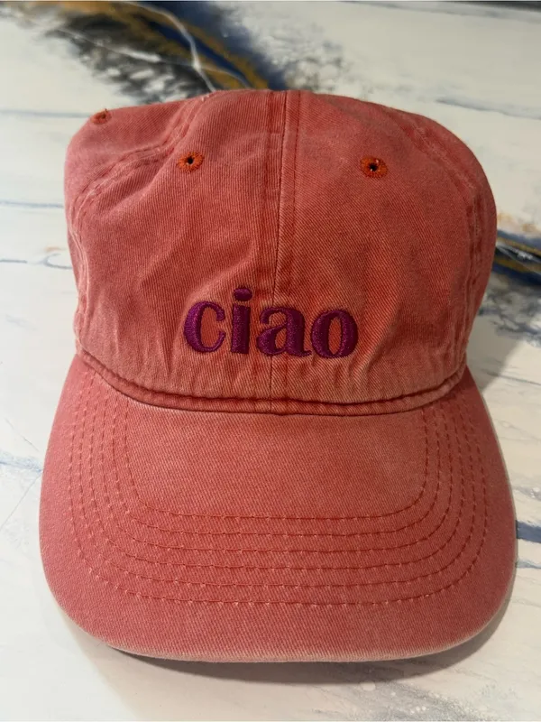 Free People Coral Baseball Cap with Purple 'ciao' Embroidery - Image 5