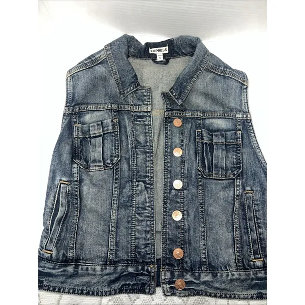 Vintage 90s Style Express Denim Blue Jean Jacket Sleeveless Vest, M - Image 5