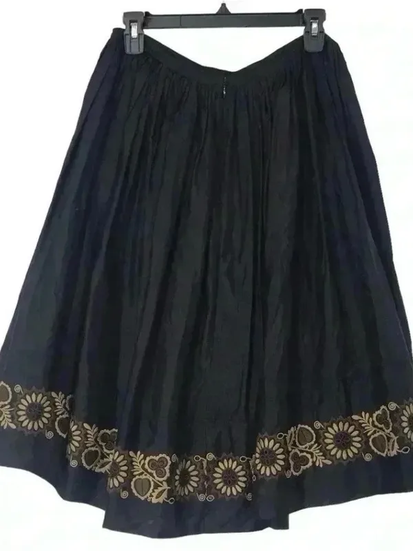PURE DKNY Silk Pleated Midi Skirt Floral Embroidered Black Womens 6 - Image 4