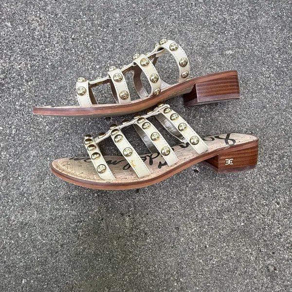 Sam Edelman Women Ivory Leather Studded Cage Slide Sandals Cork Block Heel Sz 8 - Image 5