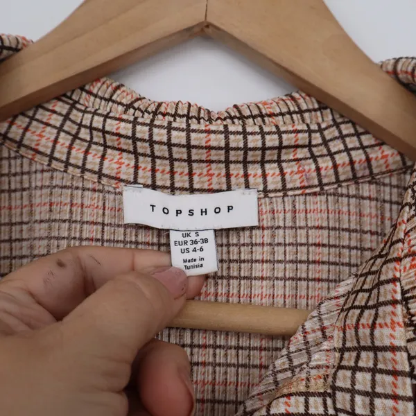 Topshop Womens Brown Orange Grid Check Plisse Button Up Shirt Size US 4-6 - Image 2