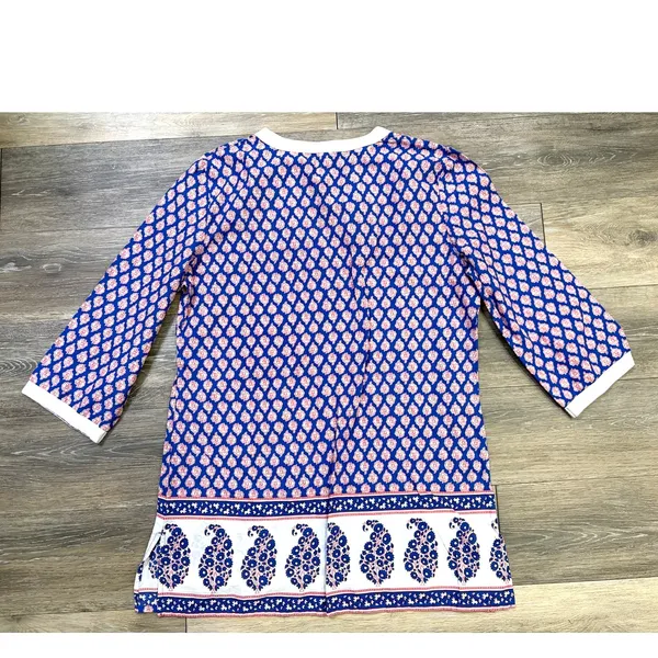 J. Crew Blue Pink Paisley Floral Tunic Top Large Boho Split Neck 3/4 Sleeve - Image 2