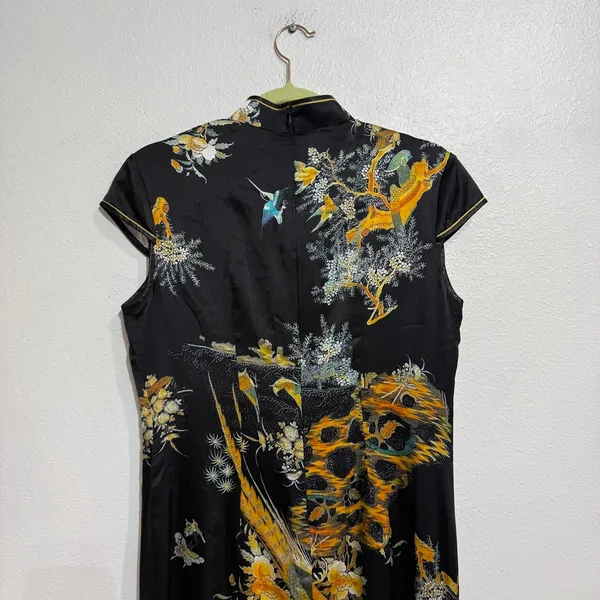 Vintage Style Black Satin Cheongsam Bird Print Midi Dress Sz M - Image 5