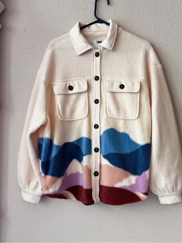 SO Cream Teddy Jacket with Blue, Purple & Burgundy Wave Panels - Image 2