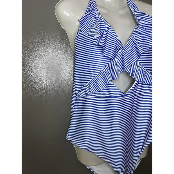 Aerie Swimsuit Womens XL Blue Stripe Ruffle Halter One Piece Front Cutout - Image 3