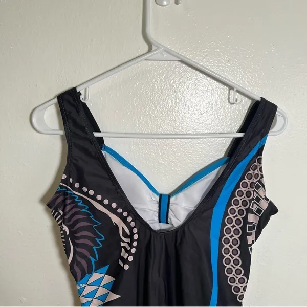 Women's Size Medium‎ One Piece Swimsuit Black Blue Beige Geometric V-Neck - Image 7