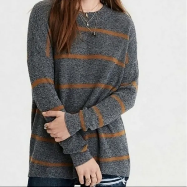 American Eagle Striped Mock Neck Sweater XS Relaxed Fit High Low Hem Knit - Image 12