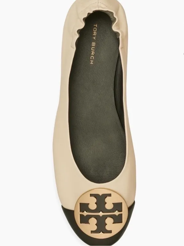Tory Burch Claire Cap Top Leather Ballet Flats in New Cream/Black Size 9 Neutral - Image 16