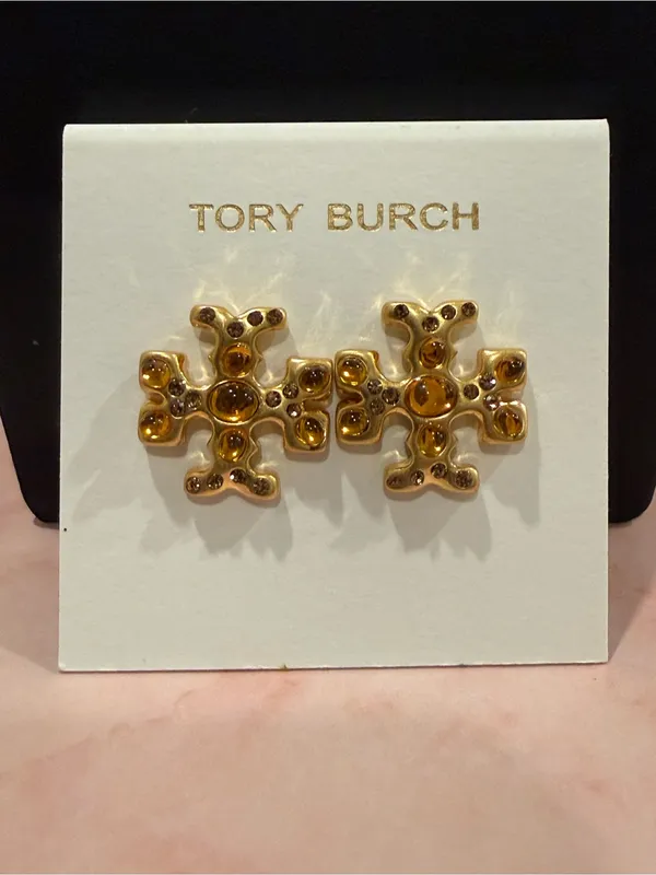 Tory Burch | Gold Plated Icon Logo and Rich Bronzy Enamel Stud Earrings | Sm/Med - Image 5