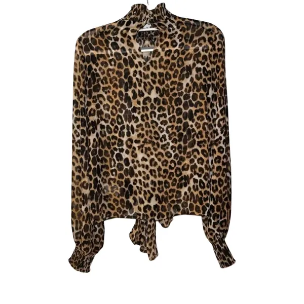 Express Size Medium Leopard Print Smocked Mock Neck Tie-Front Top. Preloved - Image 4