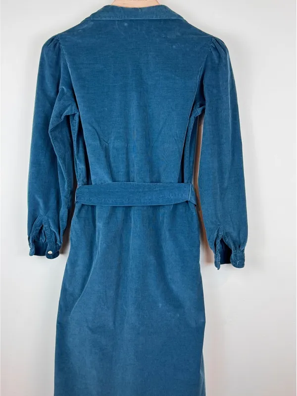 Gull Island Vintage Blue Corduroy Belted Shirt Dress Size 8 Puff Sleeve Midi - Image 9