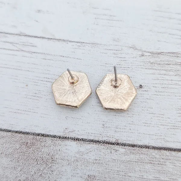 Vintage Stud Earrings Hexagon Shape Gold Tone & Turquoise Tone 0.5" Dainty - Image 4
