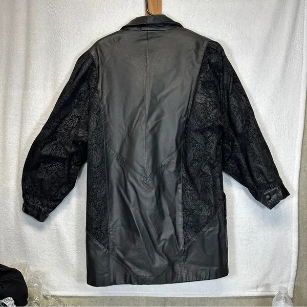 Vintage 80s Wilsons Black Leather Paisley Print Long Sleeve Coat‎ Size M - Image 5