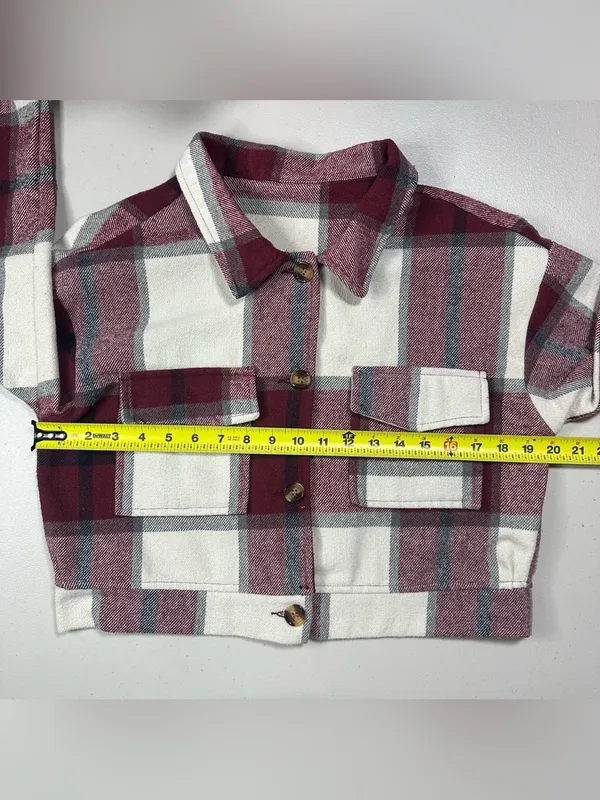 Women’s Cropped Plaid Shacket Jacket Burgundy Cream Size M Button Front - Image 5