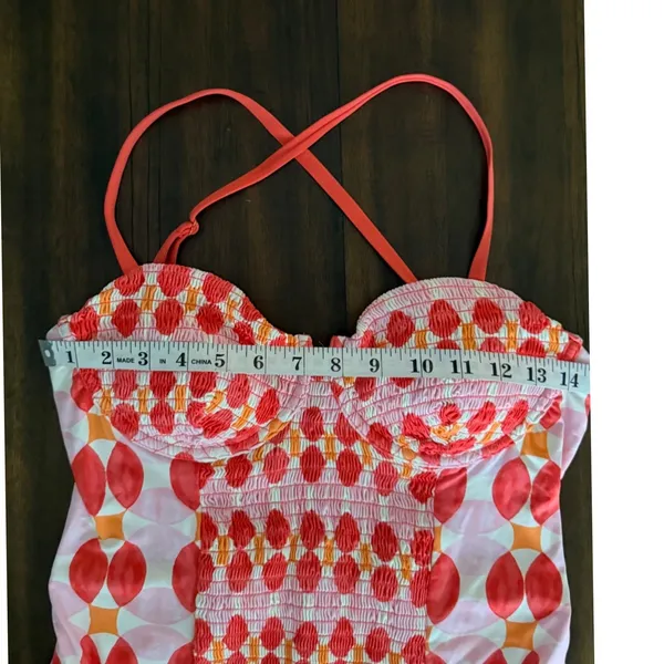 Maeve by Anthropologie Smocked Geometric One Piece Swimsuit Coral‎ Pink Large - Image 4