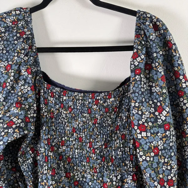 Summersalt Floral Smocked Puff Sleeve Cotton‎ Midi Dress Blue Red 2XL Plus Size - Image 9