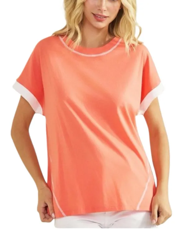 Yelete 100% cotton coral contrast crewneck tee. Size Medium - Image 2