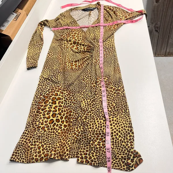 Norma Kamali animal print dress long sleeved v‎ neck ruched size small stretchy - Image 5