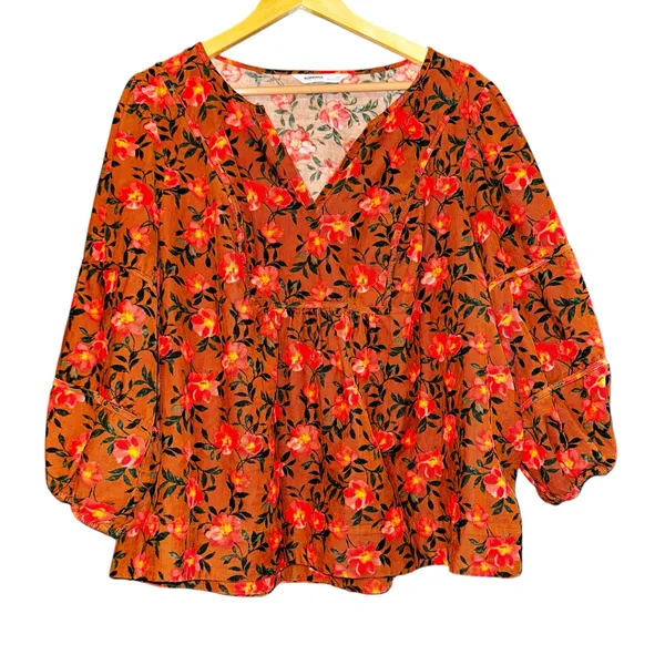 Sonoma Burnt Orange Floral Corduroy Blouse Women's Size 1X‎ Peasant Fall Pumpkin - Image 2