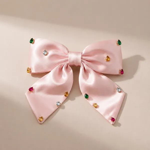 Pink Satin Bow Barrette with Rhinestone Accents - Image 2
