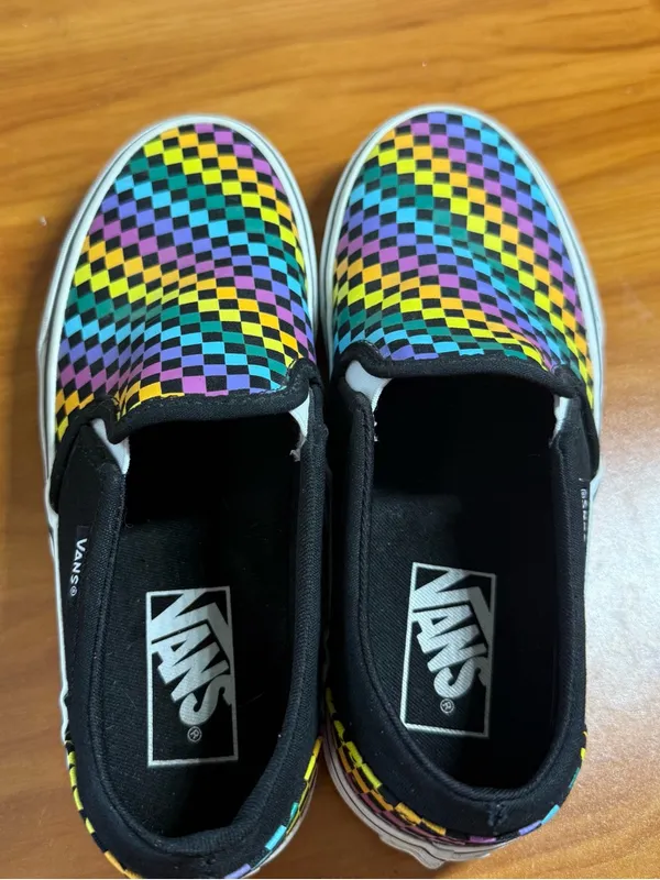 Vans Classic Slip On Checkerboard Canvas Sneaker Skate Rainbow Black Shoe W6.5‎ - Image 8