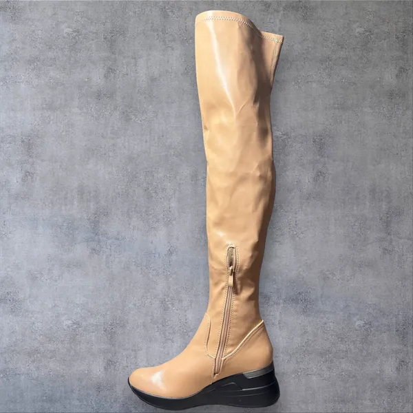 NEW Allegra K Over The Knee Boots Womens 8 Tan Wedge Chunky Heel Thigh‎ High - Image 7