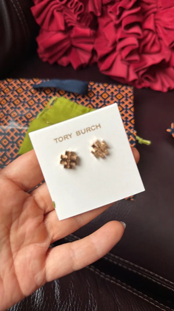 Tory Burch Gold Logo Studs with dust bag tissue Shopping bag - Image 2