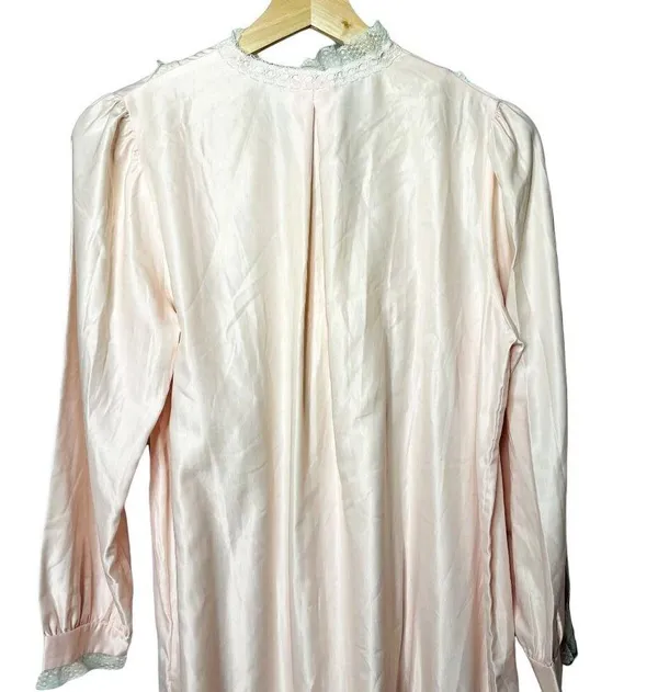 Vintage Pink Satin Long Nightgown Modest Sleepware Embroidered Pockets u Size L - Image 5