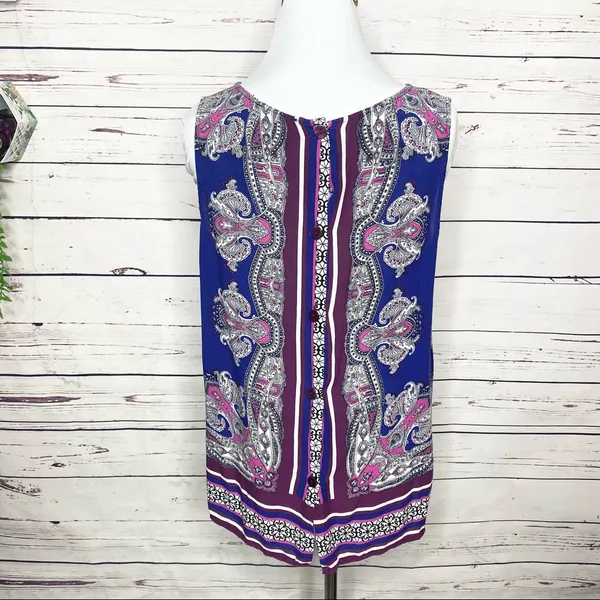 Cynthia Rowley Purple Pink Paisley Sleeveless Button Back Blouse Top Size Large - Image 7