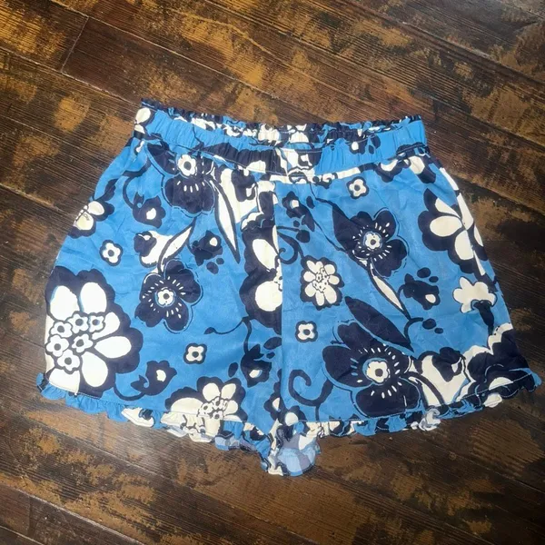 Maeve ruffled flowy blue & black floral silky luxe S shorts - Image 2