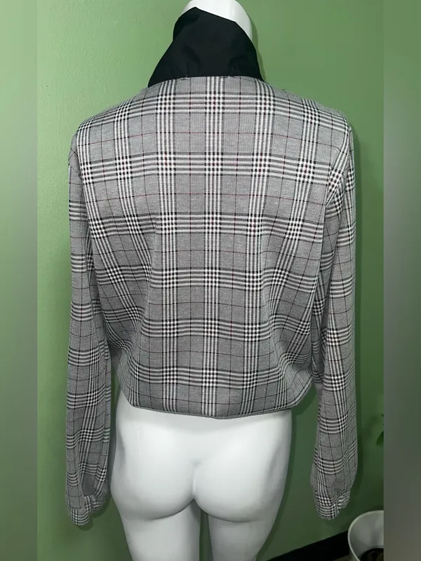 Zara Gray Plaid Bomber Jacket with Black Contrast Yoke - Image 2
