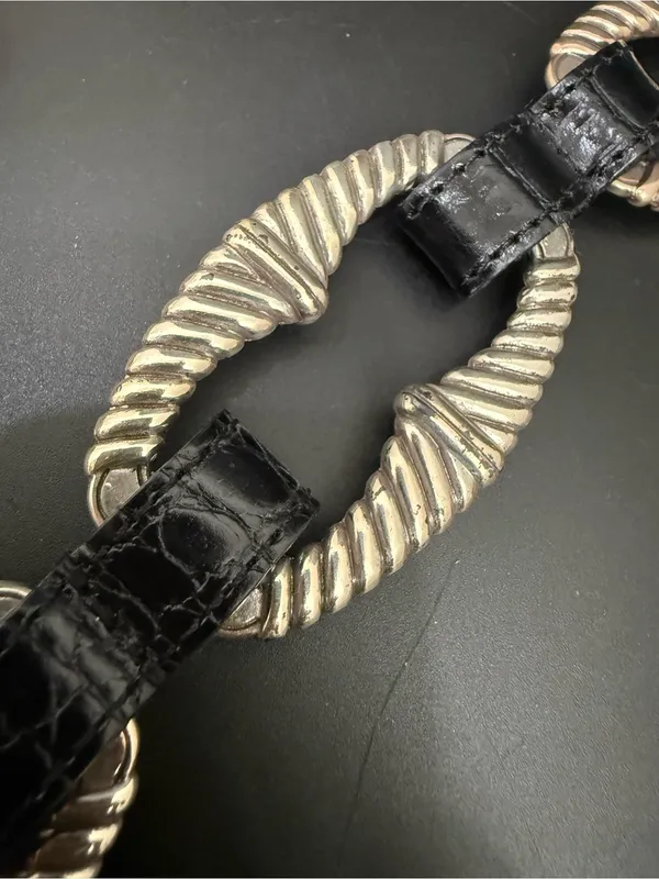 Vintage BRIGHTON B3094 Black Croc Leather Silver-plated Oval Links Belt Size 32 - Image 11