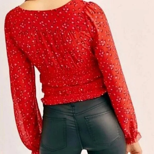 Free People NWOT Lolita Red Floral Ruffled Crop Top - Image 3