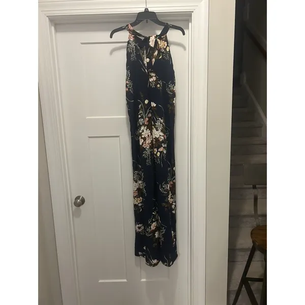 Women Navy Blue Floral Halter Maxi Dress Summer Boho Size 6 Wedding Guest Modest - Image 4