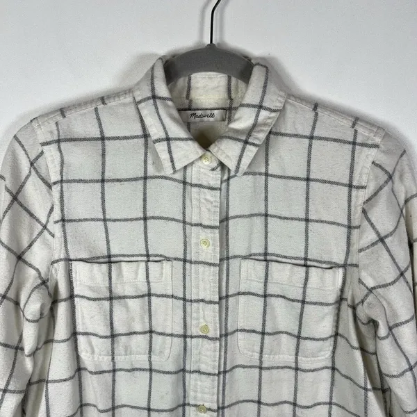 Madewell Button‎ Up Collared Checkered Top Women’s Size Medium White Cotton Wool - Image 3