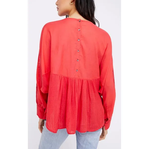 Free People Thinking of You Top Red Floral Lace‎ Trim Long Sleeve Bohemian - Image 2