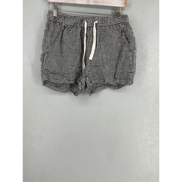 Quince Womens Shorts Gingham Checkered 100% Linen Drawstring Black White S - Image 2