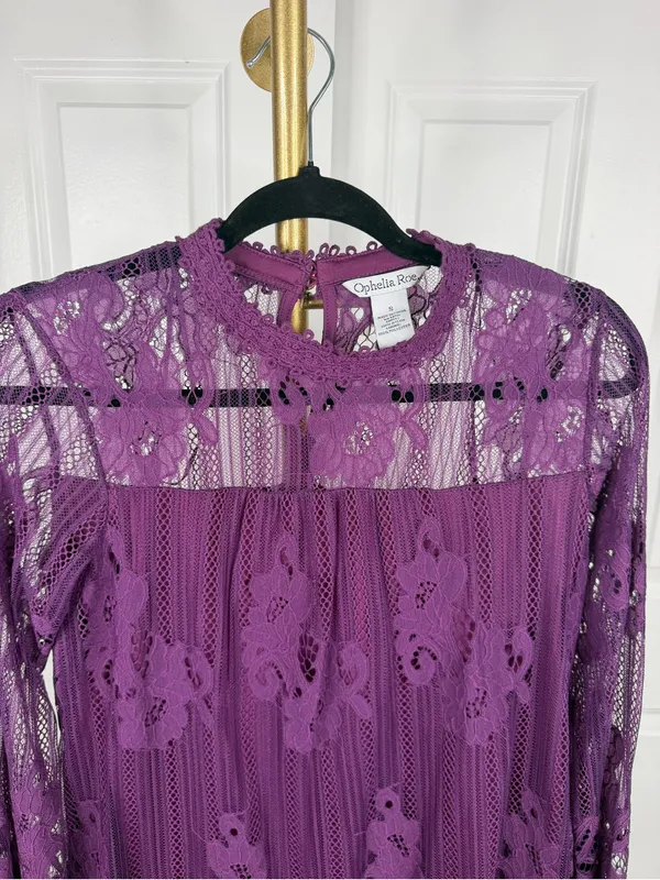 Ophelia Roe Purple Floral Lace Bell Sleeve Blouse Size S NWOT - Image 4