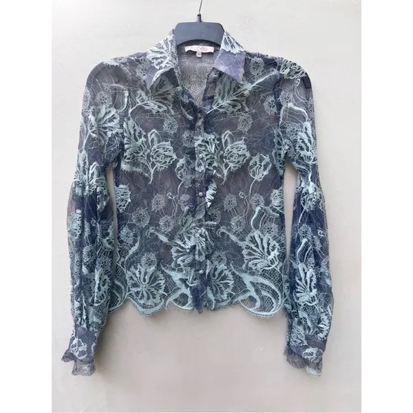 Alexis Floral Lace Blouson Sleeve Sheer Button Front Silk Blouse Romantic XS - Image 2