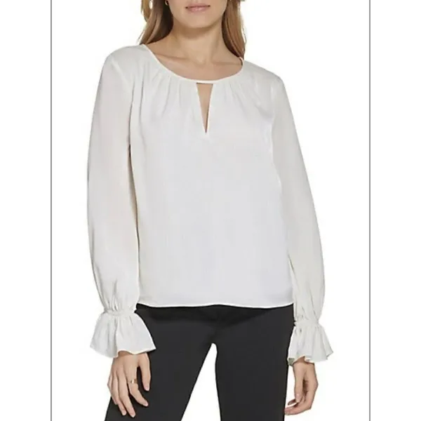 NEW DKNY Ruffled Satin Silky Blouse Top MEDIUM long sleeves Ivory white NWT - Image 3