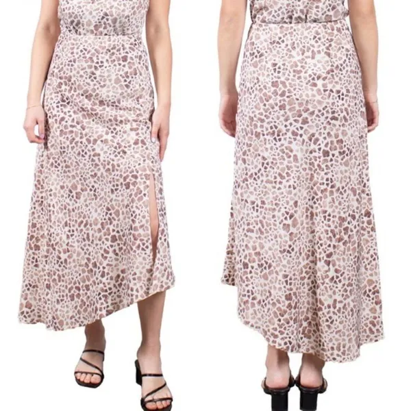 MAUBY Side Slit‎ Satin Midi Skirt, Giraffe Animal Print, Brown/Tan, Small, NWT - Image 2