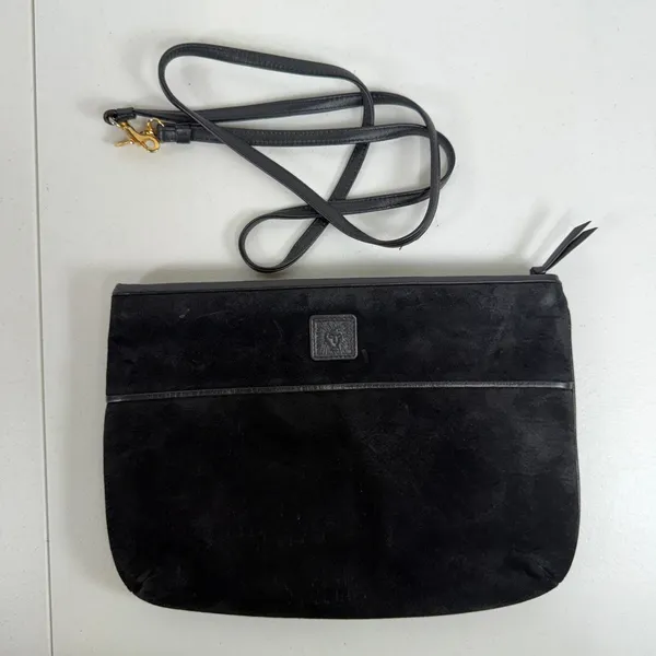 Anne Klein Clutch Bag Black Suede Leather Crossbody Vintage Lion Logo 90s - Image 2