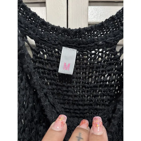 Black‎ Crochet Top Sleeveless Size Medium Open Knit Fringe Linen Cover-up - Image 2