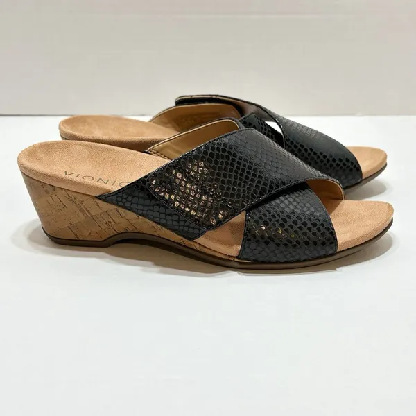 Vionic Women’s Leticia Black Leather Lizard Wedge Criss Cross Sandals Size 7 - Image 2