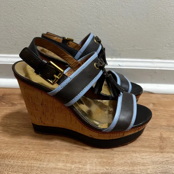 Coach | Women's Brown Blue Leather Tassel Cork Platform Wedge Sandals, 6.5B - Image 3