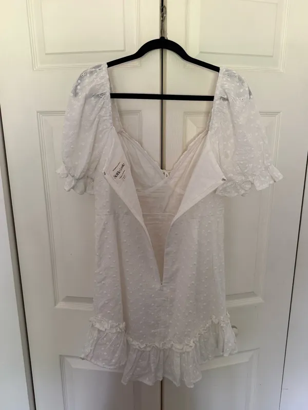 Selfie Leslie Hayden Puff Sleeve Eyelet Embroidery Dress White Sun Dress Size L - Image 9