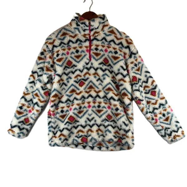 Eddie Bauer Womens Small Faux Fur Pullover‎ Aztec Print Quarter Zip Pink Trim - Image 2