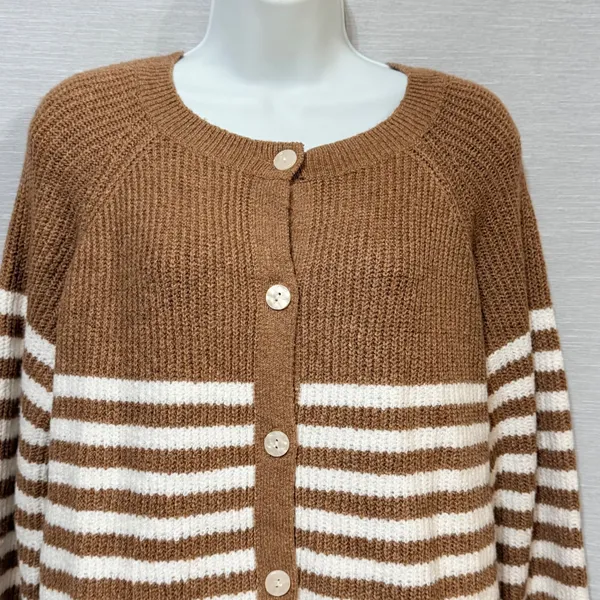 Market & Spruce Brown White Striped Button Front Cardigan Sweater Womens Large - Image 3